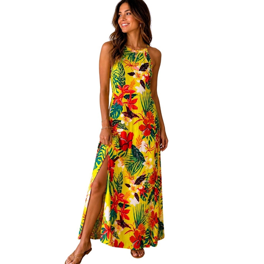 Love Tropical Floral Maxi Dress‎ Womens Small Yellow Halter Neck Side Slit